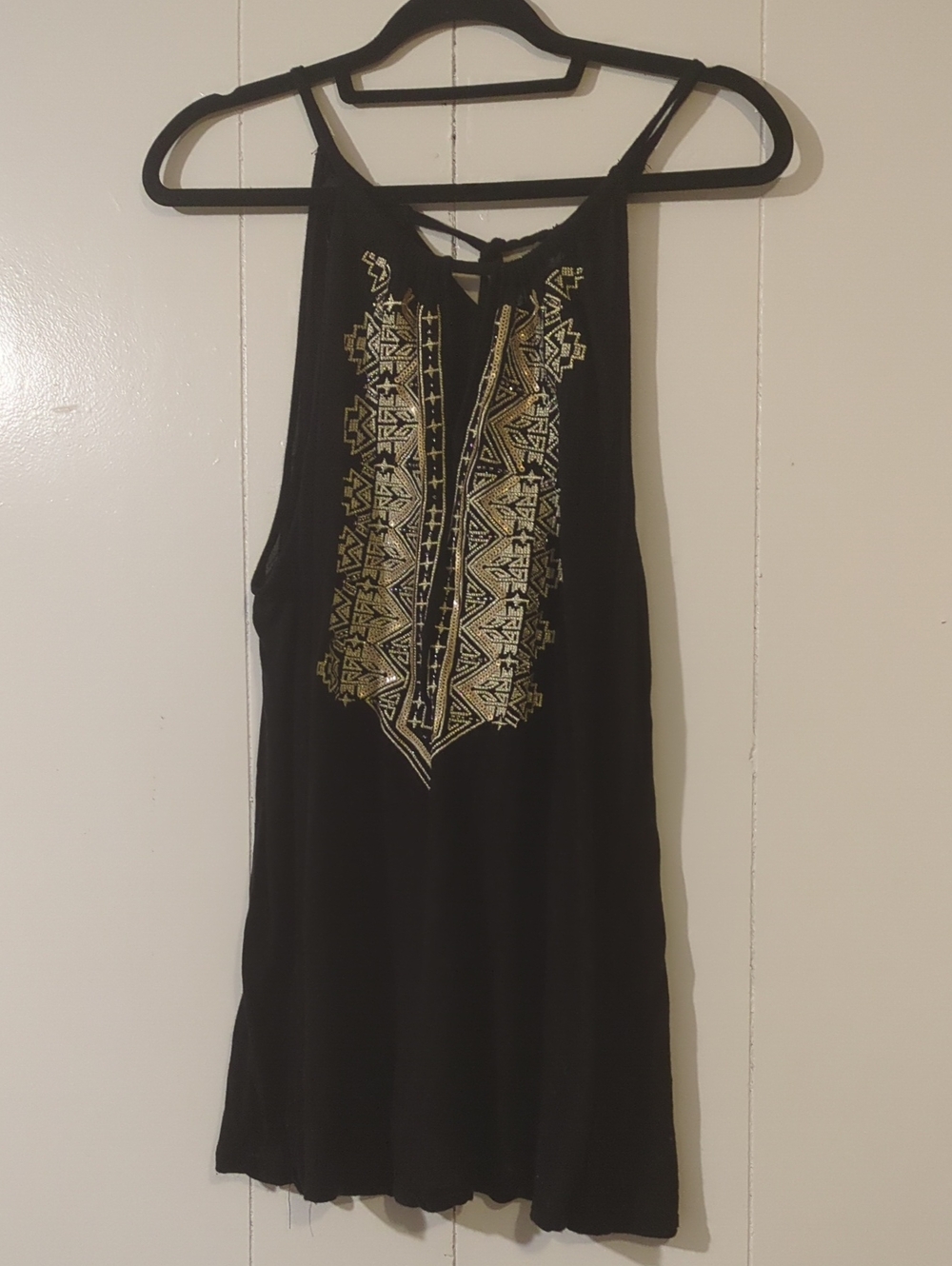 INC International Concepts Black Halter Tank with Gold Embroidery